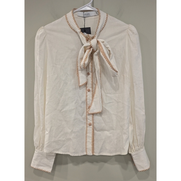 NWT! EB Luxe Cream Linen Blend Tie Neck Embroidered Detail Blouse Size Small - Picture 2 of 10